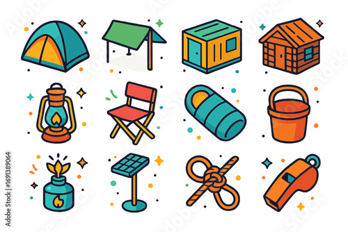 Temporary Shelter Icons. Colorful isometric vector icons set of temporary shelters: dome tent, tarp shelter, prefab container,