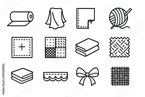 Textile Icons Grid. Outline icon set of fabric and textiles: cotton roll, silk fabric, denim piece, wool ball, linen cloth,