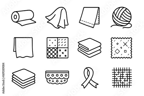 Textile Icons Grid. Outline icon set of fabric and textiles: cotton roll, silk fabric, denim piece, wool ball, linen cloth,