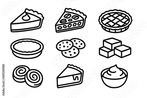 Thanksgiving Dessert Icons. Outline icon set of Thanksgiving desserts and treats: pumpkin pie, pecan pie, apple pie, sweet potato