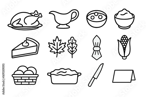 Thanksgiving Dinner Icons. Outline icon set of Thanksgiving family dinner: roast turkey, gravy boat, cranberry sauce, mashed