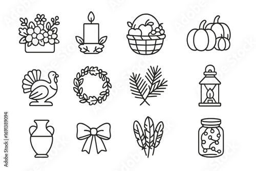 Thanksgiving Centerpiece Icons. Outline icon set of Thanksgiving centerpiece ideas: floral arrangement, candle holder, fruit