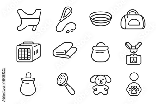 Therapy Animal Essentials Icons. Outline icon set of calming items for therapy animals: therapy animal vest, leash with padded