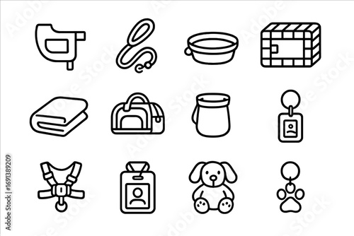 Therapy Animal Essentials Icons. Outline icon set of calming items for therapy animals: therapy animal vest, leash with padded