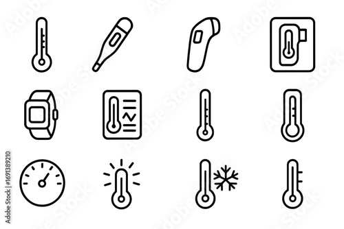 Thermometer Icon Collection. Outline icon set of temperature measuring devices: mercury thermometer, digital thermometer, ear