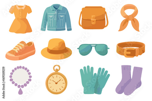 Thrift Style Icons. Gradient icons set of thrift store fashion essentials: vintage dress, denim jacket, leather bag, silk scarf,