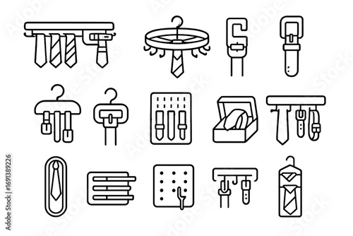 Tie and Belt Icons. Outline icon set of Tie and belt organization: sliding tie rack, rotating tie rack, belt hook, belt loop