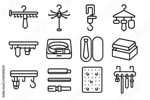 Tie and Belt Icons. Outline icon set of Tie and belt organization: sliding tie rack, rotating tie rack, belt hook, belt loop