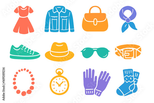 Thrift Style Icons. Gradient icons set of thrift store fashion essentials: vintage dress, denim jacket, leather bag, silk scarf,