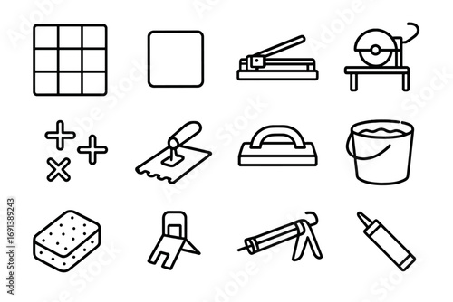 Tiling Tools Icon Set. Outline icon set of Tiling & grout work: tile sheet, single tile, tile cutter, wet saw, tile spacers,