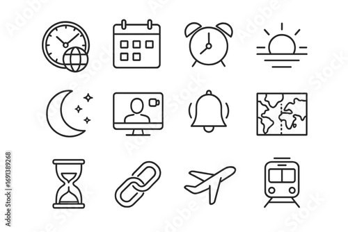 Time Management Icons. Outline icon set of time zones and scheduling: world clock, wall calendar, alarm clock, sunrise icon, moon
