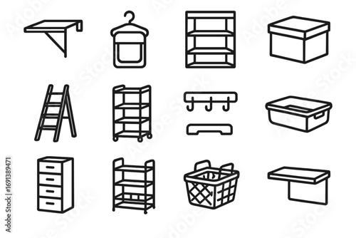 Tiny Apartment Storage Icons. Outline icon set of tiny apartment storage: wall-mounted table, folding chair hanger, compact