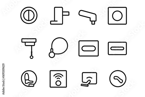 Toilet Flush Icons. Outline icon set of Toilet flush mechanisms: dual-flush button, single-flush lever, push-button actuator,