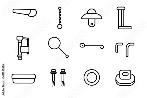 Toilet Parts Icons Grid. Outline icon set of Toilet tank parts breakdown: flush lever handle, lift chain, flapper, overflow tube,