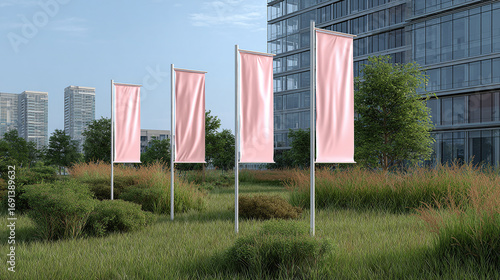 Blank flags on display in a modern urban park
