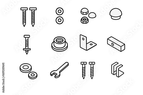 Toilet Hardware Icons. Outline icon set of Toilet tank mounting hardware: tank bolts, washers, nuts, bolt caps, bolt set with