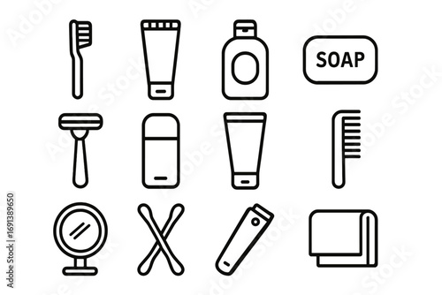 Toiletries Icon Set. Outline icon set of organizing toiletries station: toothbrush, toothpaste, shampoo bottle, soap bar, razor,