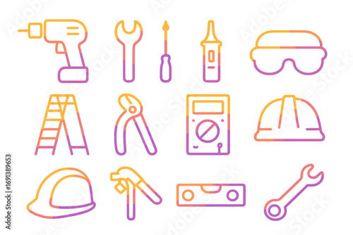 Tool Icons Grid. Gradient icons set of installation and maintenance tools: drill, wrench, screwdriver, voltage tester, ladder,