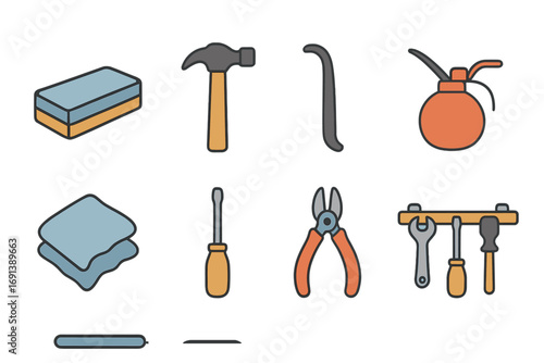 Tool Maintenance Icons. Flat vector mini-illustrations Tool maintenance station in colors children's illustrations: sharpening