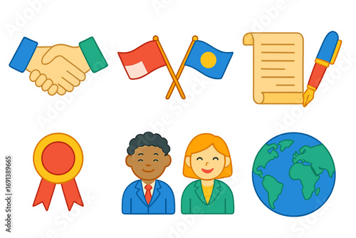 Trade Agreement Icons. Flat vector mini-illustrations Bilateral trade agreement signing in colors children’s illustrations: