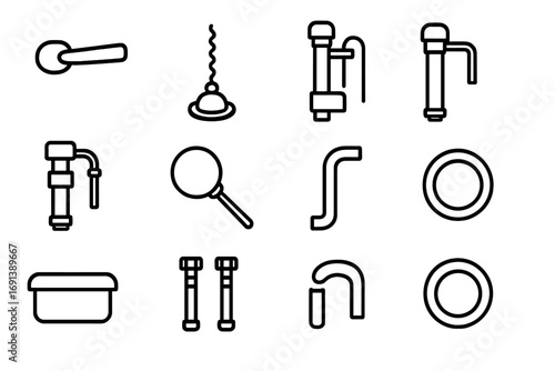 Toilet Parts Icons Grid. Outline icon set of Toilet tank parts breakdown: flush lever handle, lift chain, flapper, overflow tube,