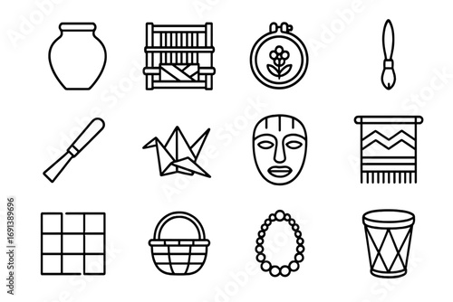 Traditional Crafts Icons. Outline icon set of traditional crafts: clay pot, weaving loom, embroidery hoop, paintbrush, carving