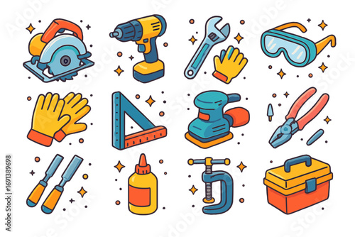 Isometric Tool Icons. Colorful isometric vector icons set of shed construction tools: circular saw, cordless drill, adjustable