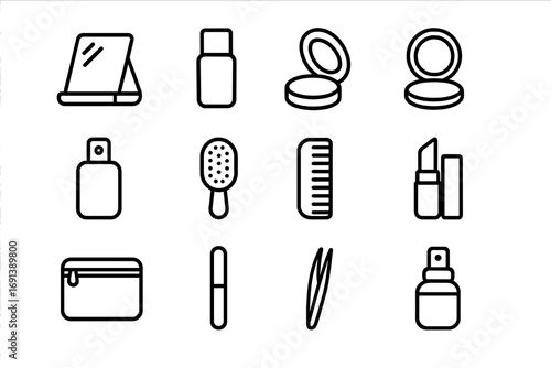Travel Vanity Icons. Outline icon set of compact vanity items for travel: foldable mirror, mini brush, travel-sized lotion,