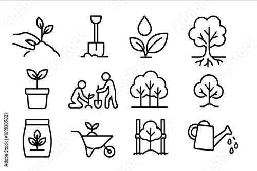Tree Planting Icons. Outline icon set of Tree planting for air health: hand planting sapling, shovel in soil, water droplet on