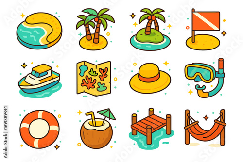 Tropical Island Dive Icons. Colorful isometric vector icons set of tropical island diving spots: sandy beach, palm trees, small
