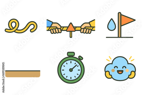 Tug of War. Flat vector mini-illustrations Tug of war for influence in colors children's illustrations: rope, two teams of hands,