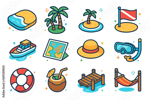 Tropical Island Dive Icons. Colorful isometric vector icons set of tropical island diving spots: sandy beach, palm trees, small