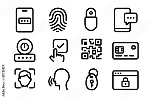 Two-Factor Authentication Icons. Outline icon set of two-factor authentication: mobile phone with code, fingerprint login,