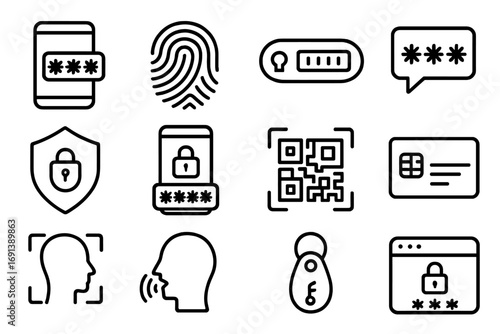 Two-Factor Authentication Icons. Outline icon set of two-factor authentication: mobile phone with code, fingerprint login,