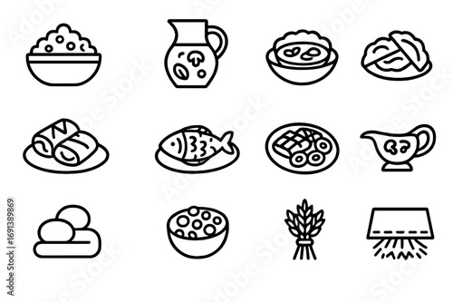 Ukrainian Christmas Icon Set. Outline icon set of Ukrainian Christmas Eve (Sviata Vecheria): kutia bowl, uzvar pitcher, borshch