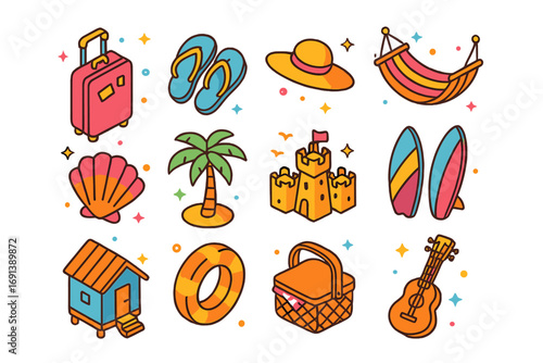 Unplugged Vacation Icons. Colorful isometric vector icons set of unplugged vacation: suitcase, flip flops, sun hat, hammock,