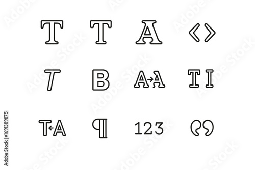Typography Icon Grid. Outline icon set of typography system: serif headline, sans-serif body, display font, monospaced code font,