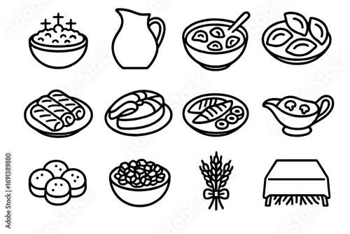 Ukrainian Christmas Icon Set. Outline icon set of Ukrainian Christmas Eve (Sviata Vecheria): kutia bowl, uzvar pitcher, borshch