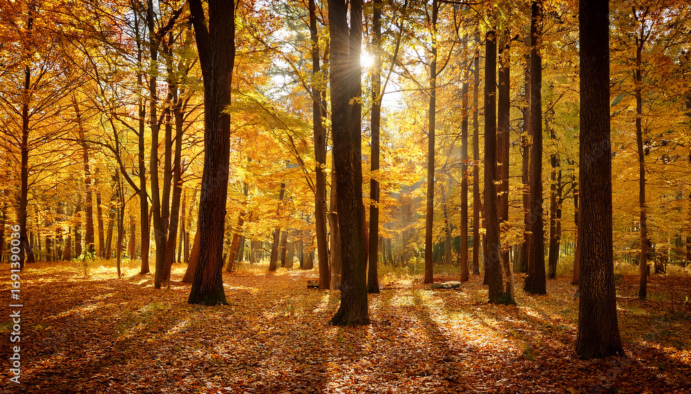 Fototapeta premium Golden Autumn Forest With Tall Maple Trees And Sunlight Through Leaves