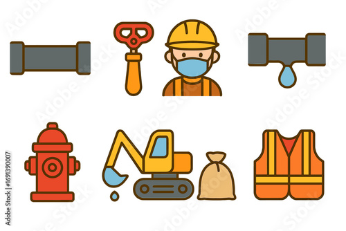 Utility and Water Upgrades. Flat vector mini-illustrations Power line restoration in colors children's illustrations: utility pole