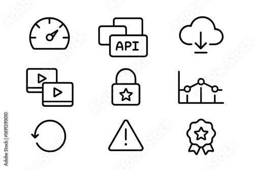 Usage Icons Set. Outline icon set of usage limits and entitlements: meter gauge, API key, device limit, storage cloud, streaming