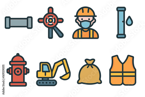 Utility and Water Upgrades. Flat vector mini-illustrations Power line restoration in colors children's illustrations: utility pole