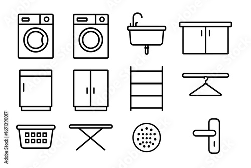 Utility Room Icons. Outline icon set of utility room layout basics: washer, dryer, utility sink, countertop, base cabinet, wall