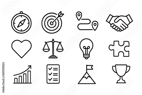 Values Icon Set. Outline icon set of values alignment and shared goals: compass, target bullseye, roadmap, handshake, heart,