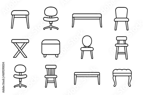 Vanity Chair Icons. Outline icon set of vanity chairs and seating: cushioned stool, swivel chair, bench seat, upholstered chair,