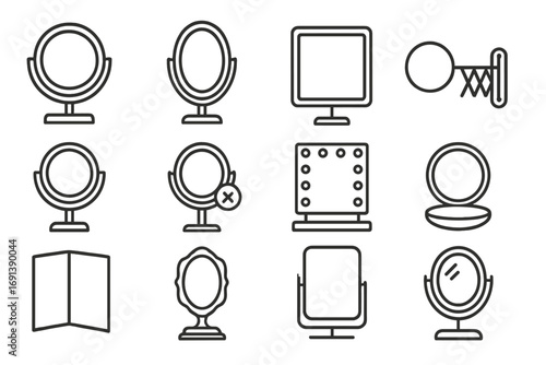 Vanity Mirror Icons. Outline icon set of vanity mirrors: round mirror, oval mirror, square mirror, wall-mounted mirror, tabletop