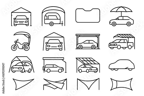 Vehicle and Shade Canopies. Outline icon set of car and vehicle canopies: portable carport, RV canopy, windshield sunshade, car
