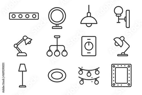 Vanity Lighting Icons. Outline icon set of vanity lighting: bulb strip, LED ring light, pendant lamp, wall sconce, adjustable desk