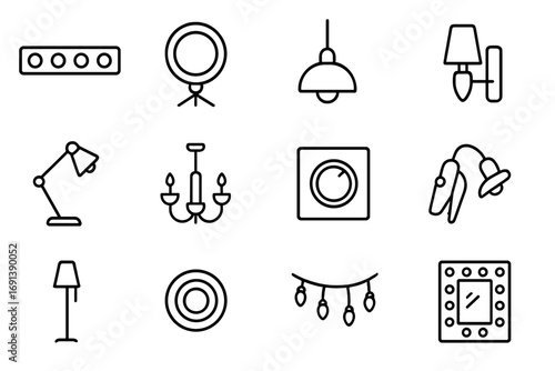 Vanity Lighting Icons. Outline icon set of vanity lighting: bulb strip, LED ring light, pendant lamp, wall sconce, adjustable desk