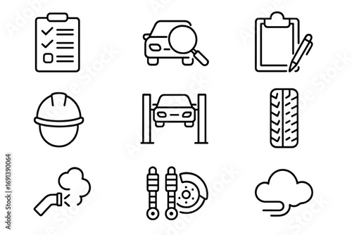 Vehicle Inspection Icons. Outline icon set of vehicle inspections: checklist, magnifying glass on car, inspection stamp, clipboard